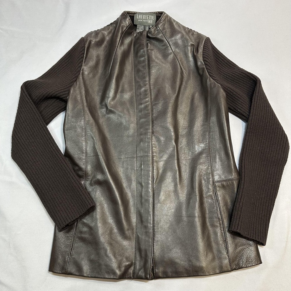 Lafayette 148 Jacket Womens 4 Fits S Brown Leather Wool Knit Collarless Casual